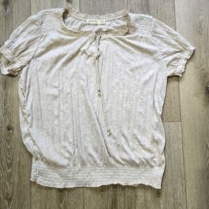 Cream/Tan Faded Glory Blouse with Tie Nick and Smocking Details Size XXL